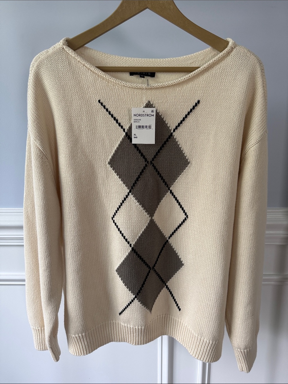 1.STATE Argyle Women's Sweater Birch Cream XL Preppy Light Academia Coquette XL